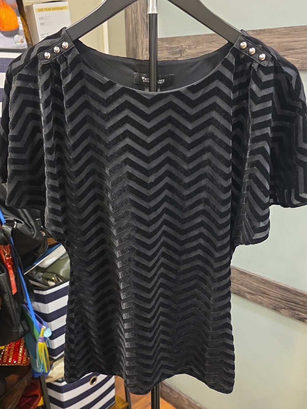 White House Black Market Black Dolman Burnout Top with Zigzag Detail